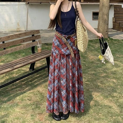 Set: Scoop Neck Plain Crop Camisole Top + High Waist Plaid Maxi A-Line Skirt