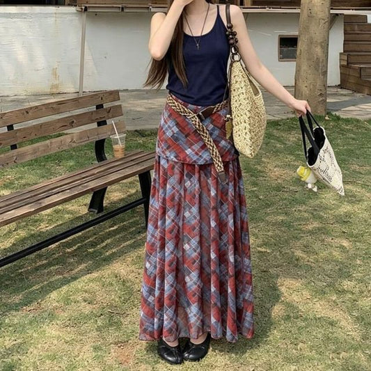 Set: Scoop Neck Plain Crop Camisole Top + High Waist Plaid Maxi A-Line Skirt