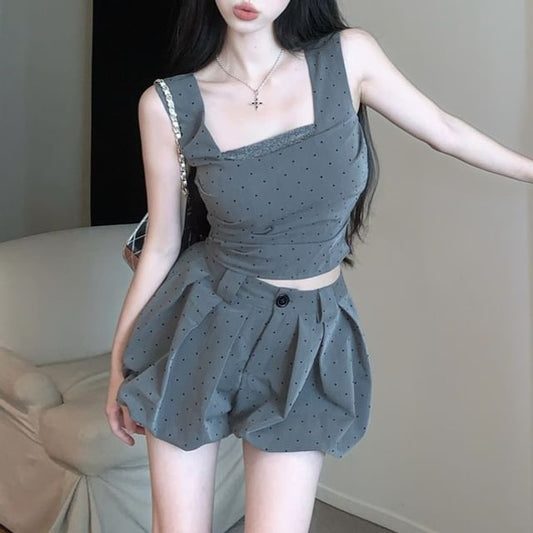 Square Neck Micro Dot Lace Trim Ruched Crop Tank Top / High Waist Bubble Hem Shorts