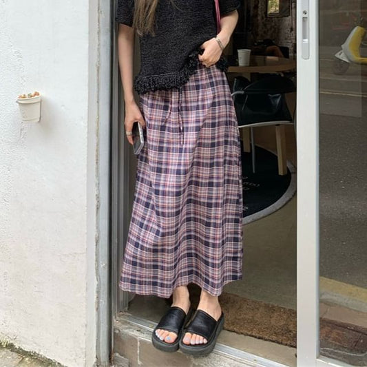 Drawstring Waist Plaid Maxi A-Line Skirt
