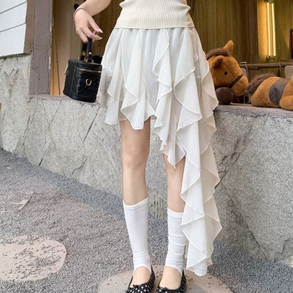 Elastic Waist Plain Asymmetrical Ruffle Mini A-Line Skirt