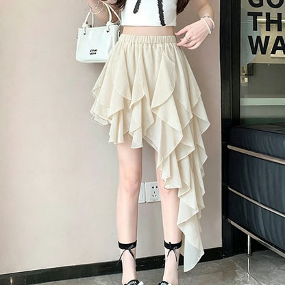Elastic Waist Plain Asymmetrical Ruffle Mini A-Line Skirt
