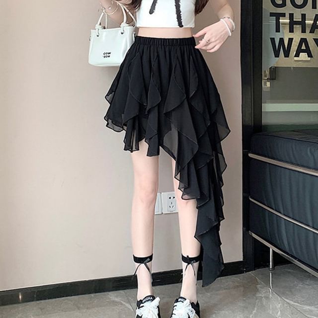 Elastic Waist Plain Asymmetrical Ruffle Mini A-Line Skirt