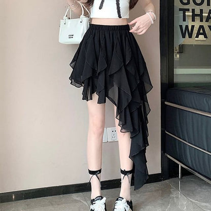Elastic Waist Plain Asymmetrical Ruffle Mini A-Line Skirt