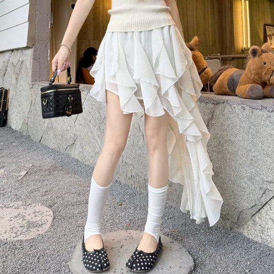 Elastic Waist Plain Asymmetrical Ruffle Mini A-Line Skirt