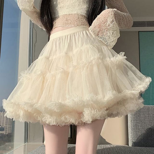 High Waist Plain Ruffle Tiered Mesh Mini A-Line Skirt