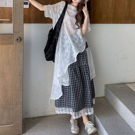 Short Sleeve Round Neck Plain Asymmetrical Long Lace Top / High Waist Plaid Panel Lace Maxi A-Line Skirt