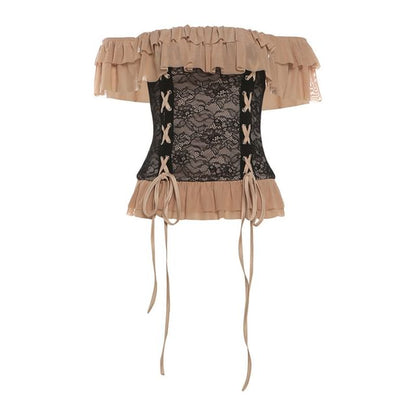 Off-Shoulder Ruffle Trim Lace Crop Top / High Waist Plain Layered High Low Pencil Skirt