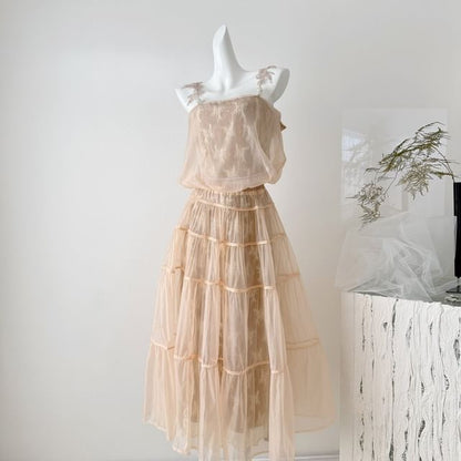 Set: Lace Crop Camisole Top + High Waist Maxi A-Line Skirt