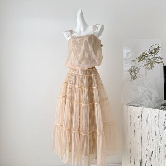 Set: Lace Crop Camisole Top + High Waist Maxi A-Line Skirt