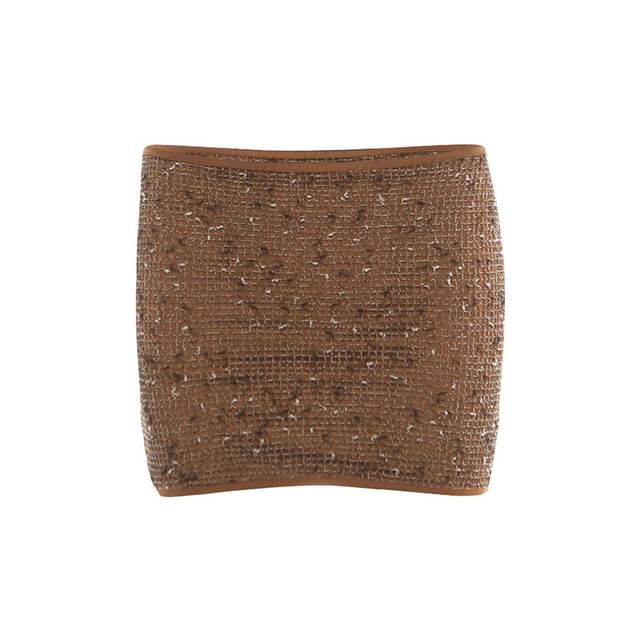 Halter Neck Metal Accent Cutout Open Back Mesh Crop Top / Low Rise Mini Pencil Skirt