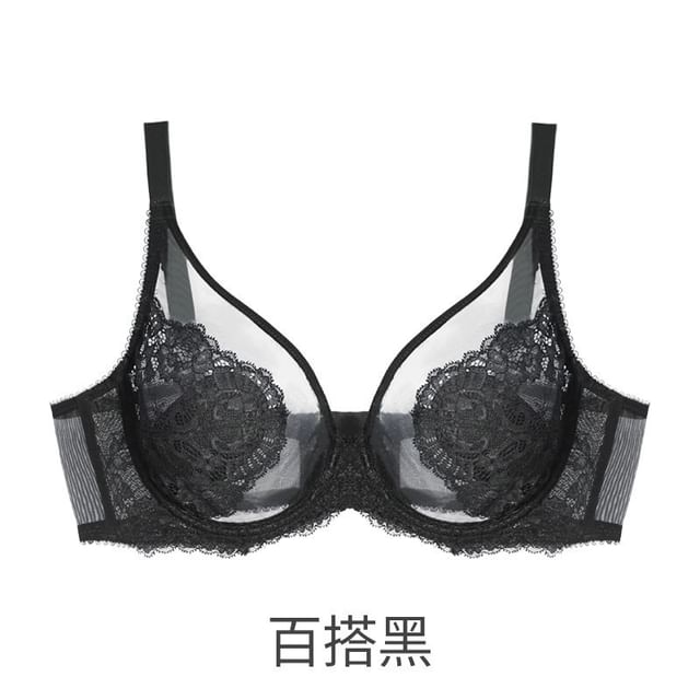 Plain Mesh Panel Lace Bra / Panty / Set