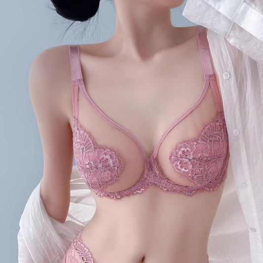 Plain Mesh Panel Lace Bra / Panty / Set