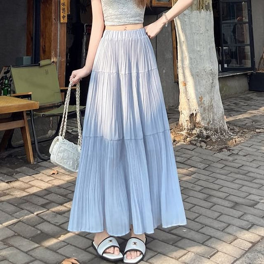 Elastic Waist Plain Tiered Chiffon Maxi A-Line Skirt