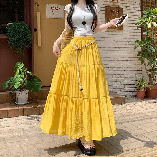 Elastic Waist Plain Tiered Maxi A-Line Skirt
