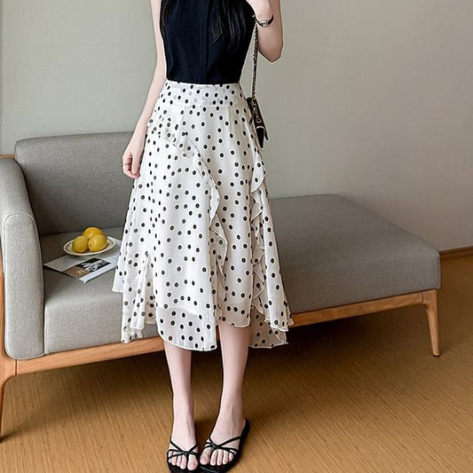 High Waist Dotted Asymmetrical Midi A-Line Skirt