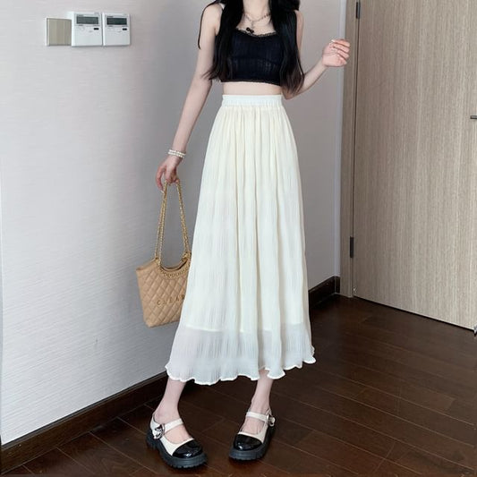 Elastic Waist Plain Midi A-Line Skirt