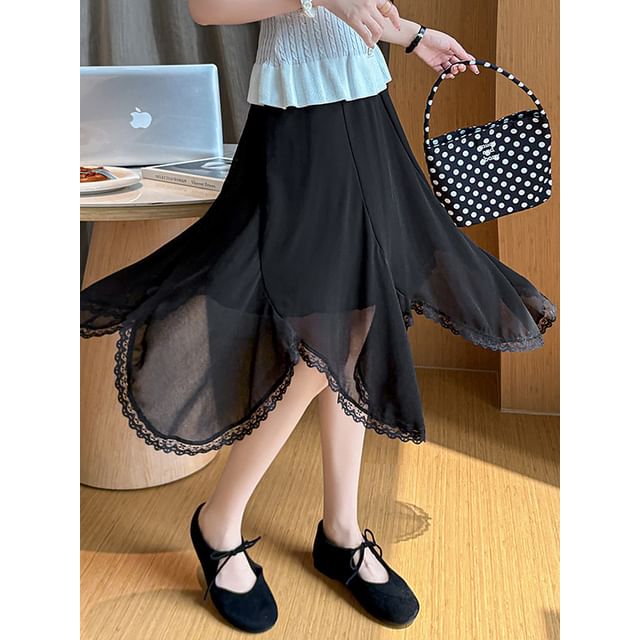 High Waist Plain Asymmetrical Lace Trim Midi A-Line Skirt