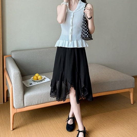 High Waist Plain Asymmetrical Lace Trim Midi A-Line Skirt