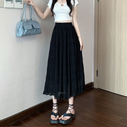 Elastic Waist Plain Midi A-Line Skirt