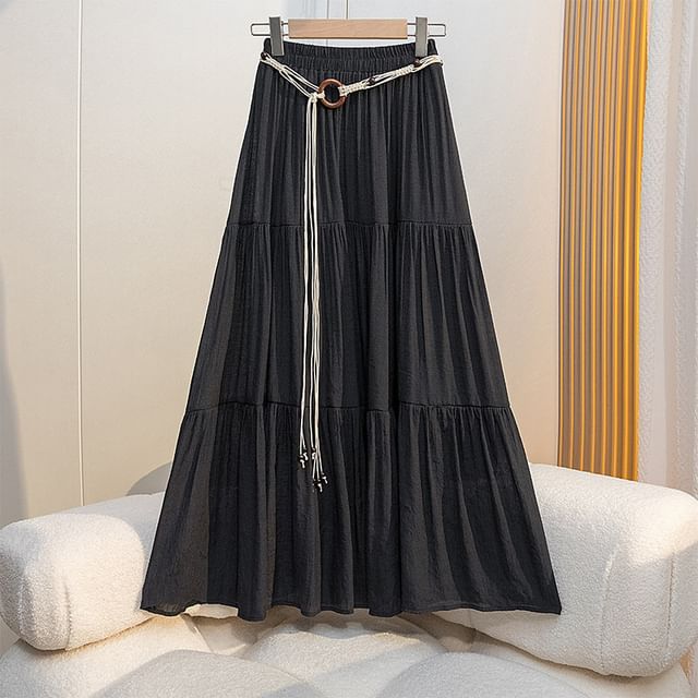 Elastic Waist Plain Tiered Maxi A-Line Skirt