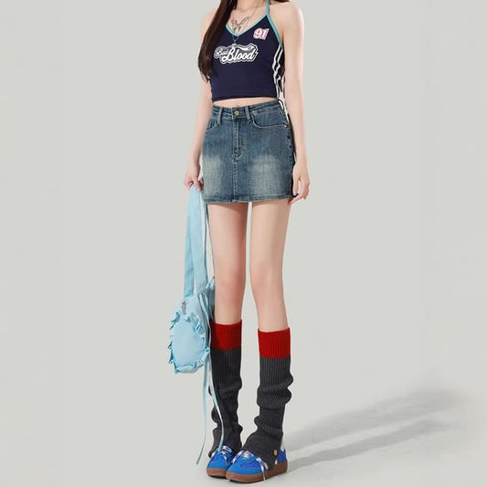 High Waist Washed Denim Mini Pencil Skirt