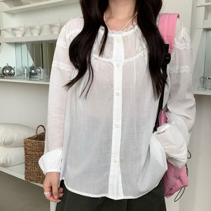 Long-Sleeve Crew Neck Lace Trim Sheer Blouse