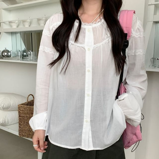 Long-Sleeve Crew Neck Lace Trim Sheer Blouse