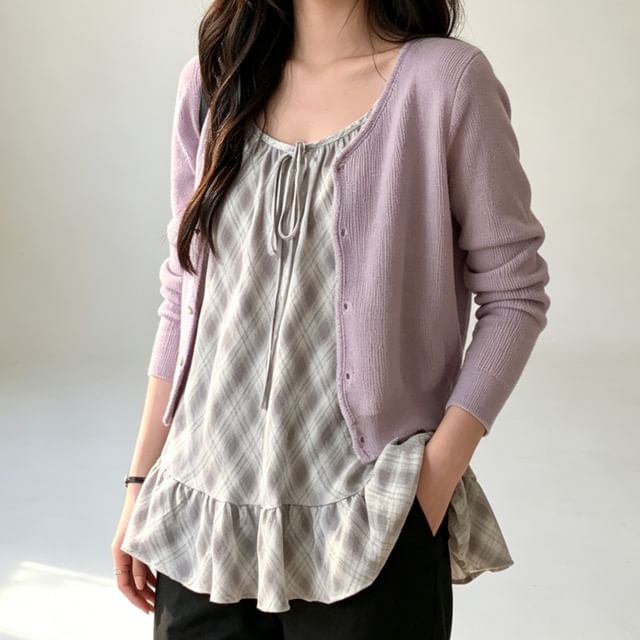 Scoop Neck Plaid Ruffle Hem Tie Front Camisole