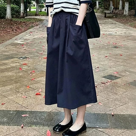 High Waist Plain Midi A-Line Skirt