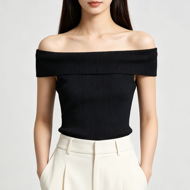 Off Shoulder Ribbed Knit Short Sleeve Top