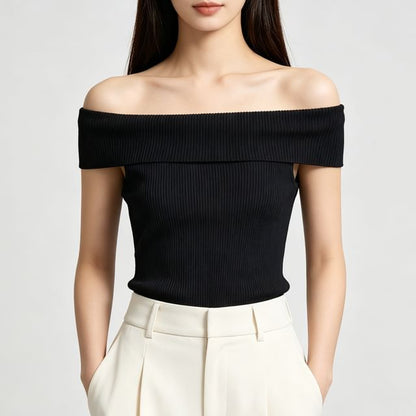 Off Shoulder Ribbed Knit Short Sleeve Top
