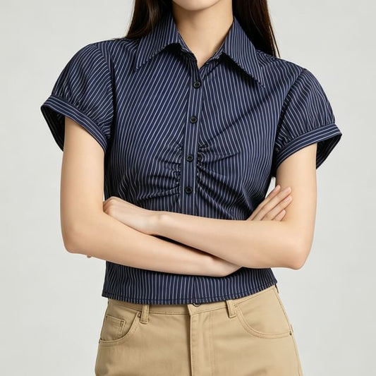 Collared Striped Ruched Button Up Short Sleeve Shirt