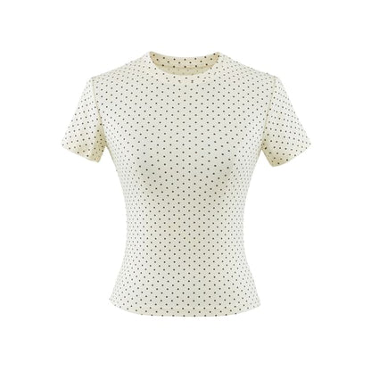 Crew Neck Dotted Crop Short Sleeve Tee