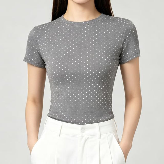 Crew Neck Dotted Crop Short Sleeve Tee