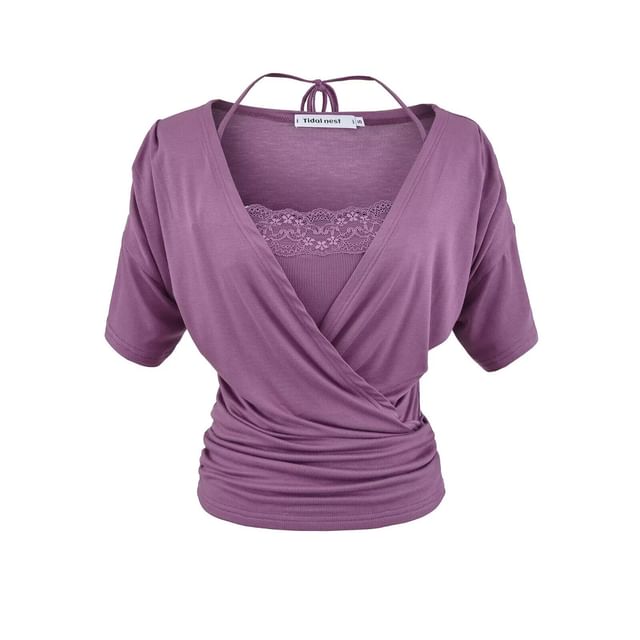 V-Neck Wrap Top & Lace Trim Camisole Set