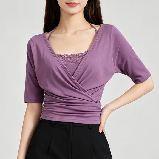 V-Neck Wrap Top & Lace Trim Camisole Set