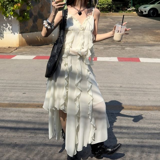 Set: Asymmetrical Plain Ruffled Camisole Top + Low Rise Midi A-Line Skirt