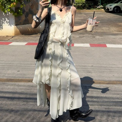 Set: Asymmetrical Plain Ruffled Camisole Top + Low Rise Midi A-Line Skirt