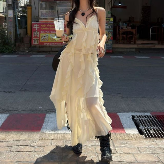 Set: Asymmetrical Plain Ruffled Camisole Top + Low Rise Midi A-Line Skirt