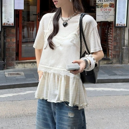Set: Short-Sleeve Striped T-Shirt + Lace Trim Camisole Top