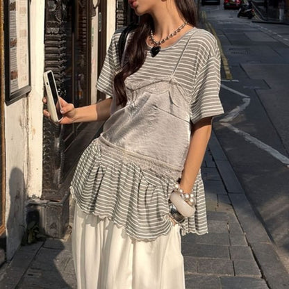 Set: Short-Sleeve Striped T-Shirt + Lace Trim Camisole Top