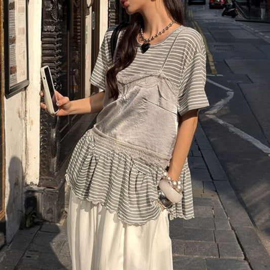 Set: Short-Sleeve Striped T-Shirt + Lace Trim Camisole Top