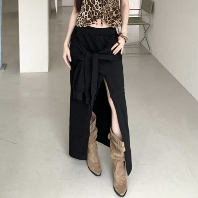 Mid Rise Plain Tie Front Slit Maxi A-Line Skirt