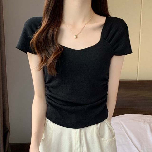Square Neck Ruched T-Shirt Short Sleeve