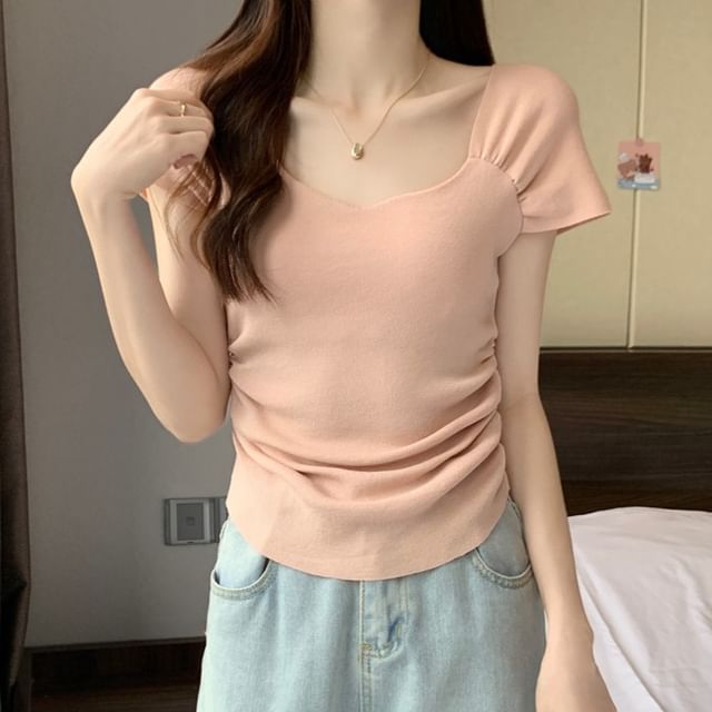 Square Neck Ruched T-Shirt Short Sleeve