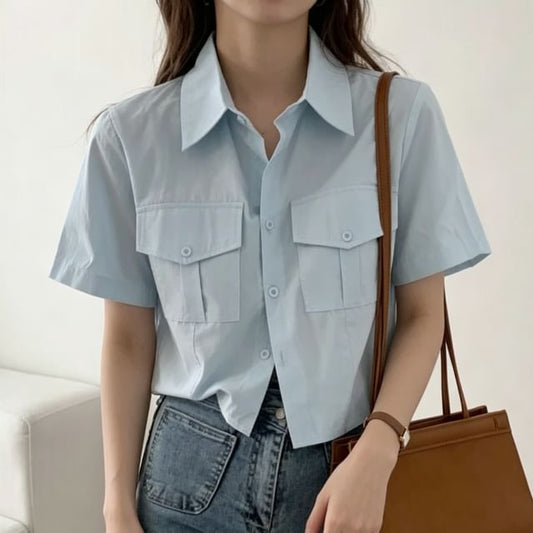 Collared Button Up Crop Shirt Short Sleeve