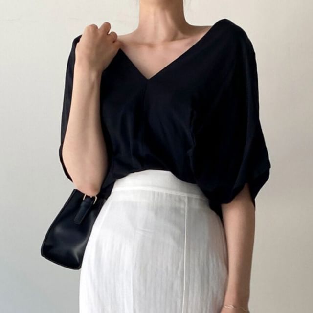 V-Neck Pleated Blouse Short Sleeve Style