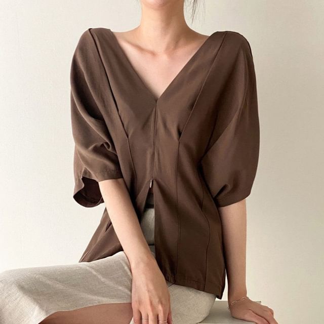 V-Neck Pleated Blouse Short Sleeve Style