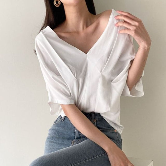 V-Neck Pleated Blouse Short Sleeve Style